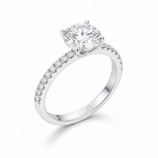 White Gold Round Solitaire Diamond Pavé Band With Four-Prong Setting